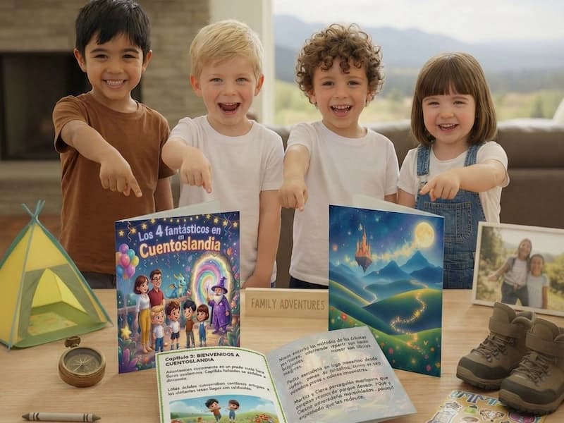 Familia protagonista de cuento personalizado sobre sus aventuras