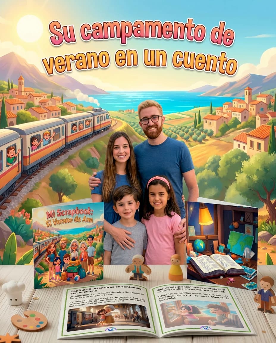 Familia con el cuento scrapbook personalizado de los recuerdos de sus vacaciones de verano