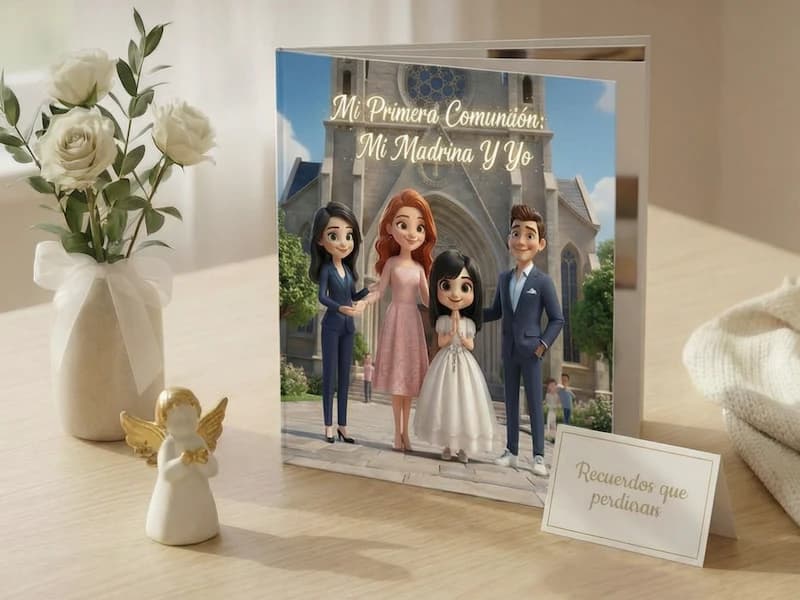 Familia leyendo cuento personalizado de primera comunión