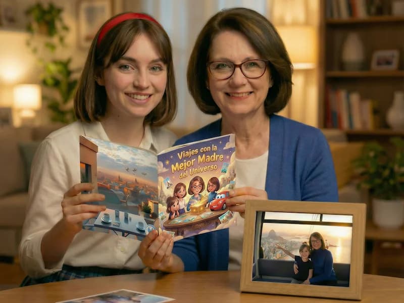 Familia feliz celebrando el día de la madre con cuento personalizado