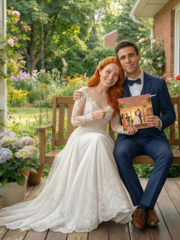 Recien casados sosteniendo un cuento personalizado que han recibido como regalo