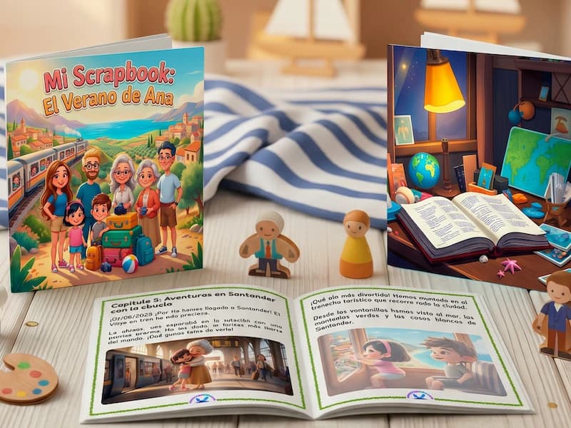 Cuento scrapbook personalizado abierto con los recuerdos del verano de un niño y fotos de sus vacaciones