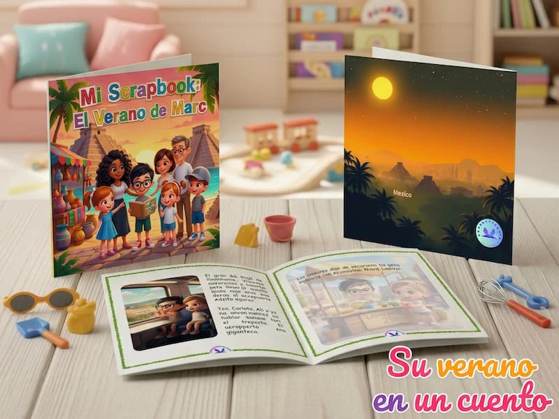 Libro físico personalizado de los recuerdos de un viaje de verano a México junto a sus páginas abiertas
