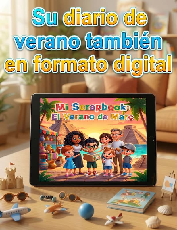 Tablet con el cuento personalizado de los recuerdos del viaje de verano a México, en formato digital