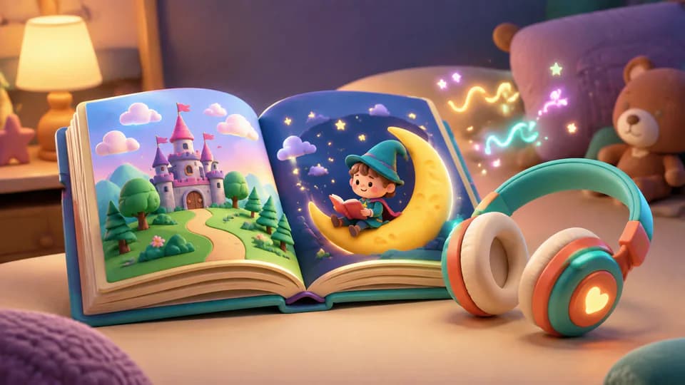 Libro ilustrado abierto con auriculares para escuchar cuentos