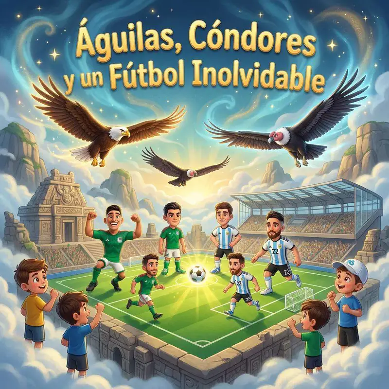 Un águila y un cóndor sobrevuelan un estadio de piedra donde juegan las selecciones de México y Argentina, con dos niños mirando desde la grada