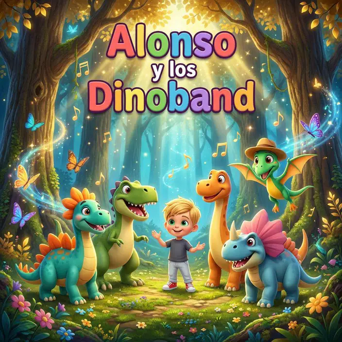 Alonso rodeado de cinco dinosaurios de colores con instrumentos musicales en un bosque encantado lleno de notas brillantes