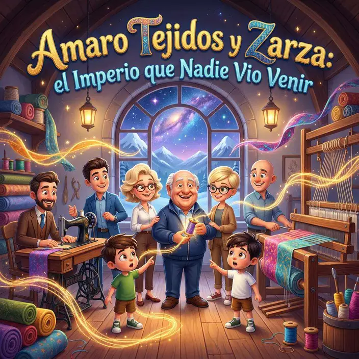 Un taller textil lleno de telares y máquinas de coser donde tres generaciones de una familia trabajan con hilos dorados