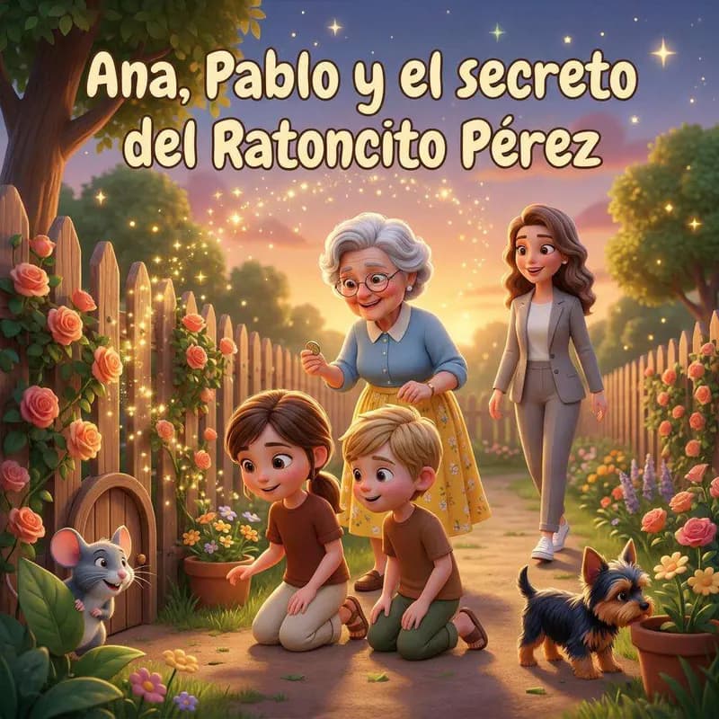 Ana y Pablo, agachados en el jardín junto a la abuela y a mamá, descubren una puertecita por la que se asoma un ratón gris, con su perro Pipo al lado