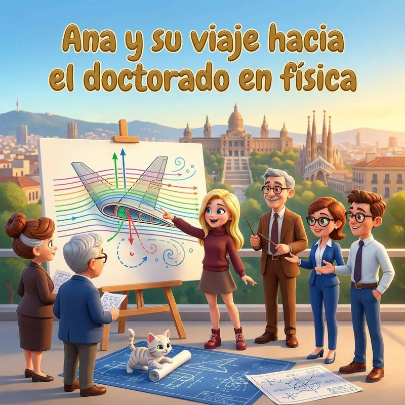 Una joven científica explica un diagrama de un ala de avión ante un caballete, rodeada de su familia y de su profesor, con Barcelona al fondo