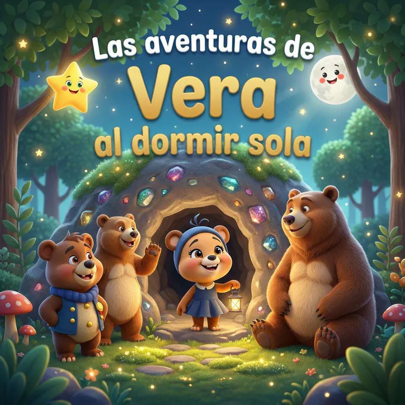 Una osita con gorro azul sostiene un farolillo ante la entrada de una cueva llena de cristales de colores, acompañada de su familia de osos en el bosque