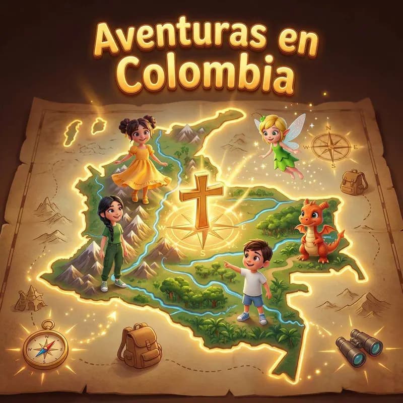 Tres niños, un hada y un dragón naranja sobre un mapa iluminado de Colombia con una brújula, una mochila y unos prismáticos alrededor