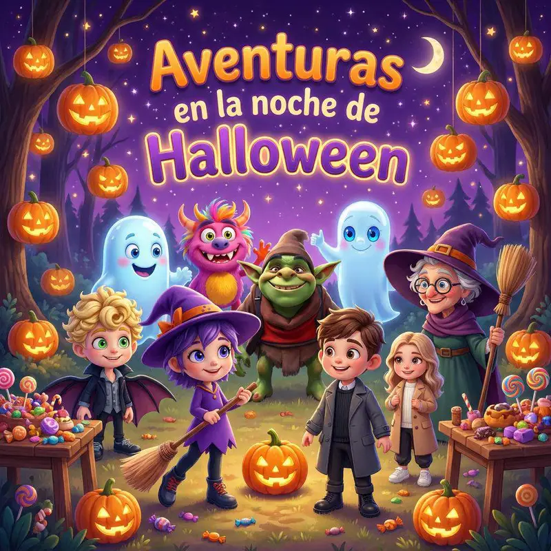 Dos niños con abrigo rodeados de un vampiro, una brujita, un ogro, un monstruo rosa, dos fantasmas y una anciana bruja, en un bosque lleno de calabazas iluminadas y mesas de caramelos