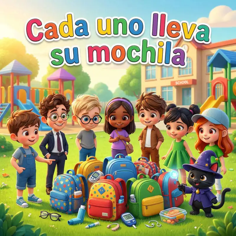 Un grupo de niños en el patio del colegio junto a varias mochilas abiertas con gafas, inhaladores, un medidor de glucosa y audífonos