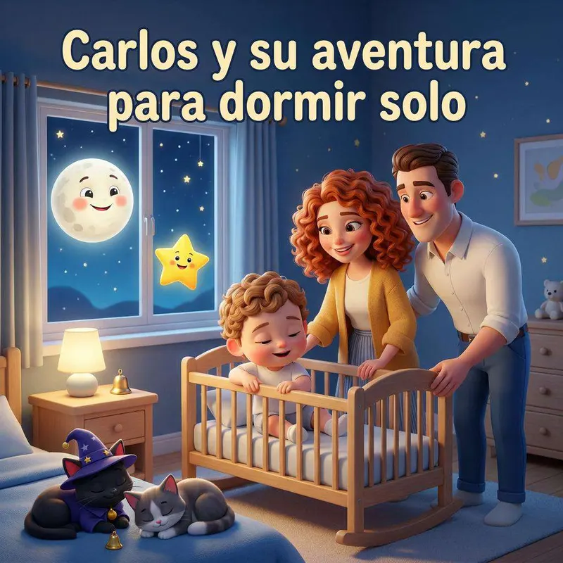 Un niño pequeño de pie en su cuna sonríe mientras sus padres lo arropan, con una luna y una estrella sonrientes asomando por la ventana