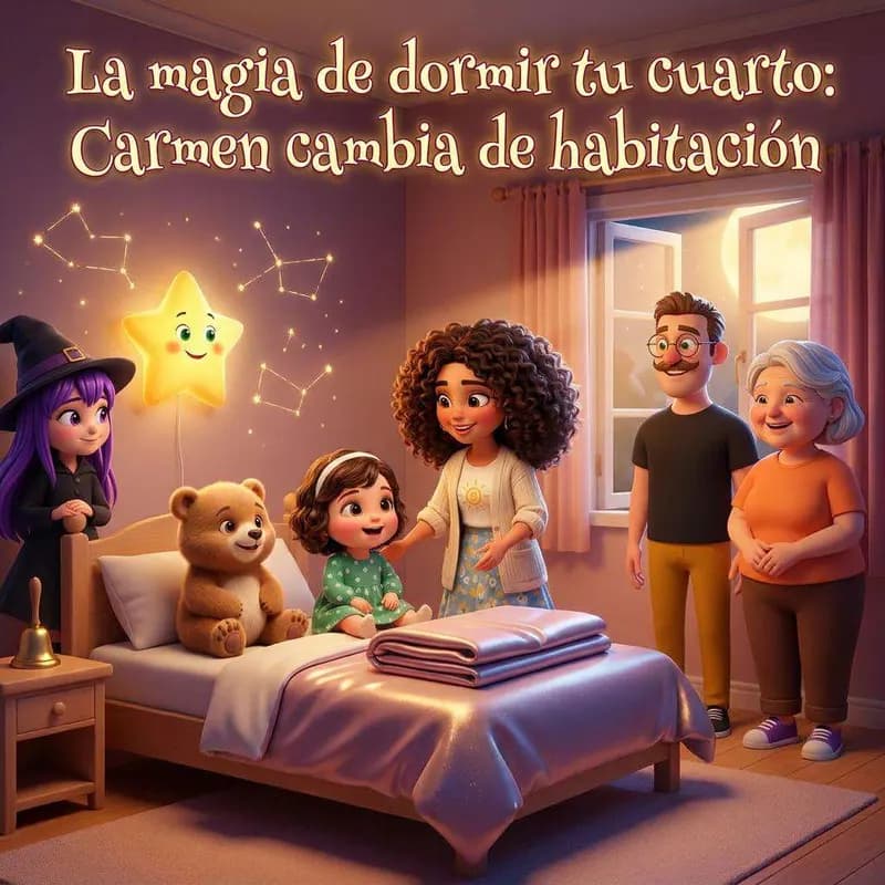 Una niña sentada en su cama nueva rodeada de sus padres, su abuela, un oso de peluche, una estrella sonriente y una brujita de pelo morado