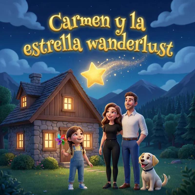 Carmen, sus padres y Jazz, su perro, miran una estrella dorada sobre su casa de piedra en plena noche