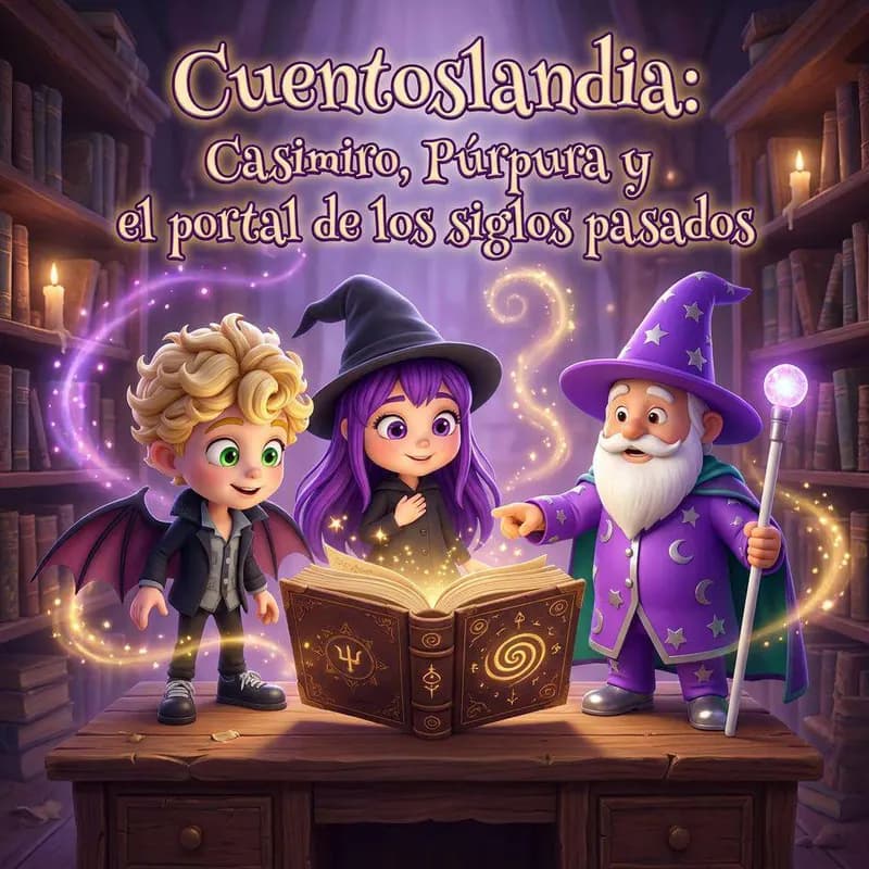 Un vampiro rubio, una bruja de pelo morado y un mago de barba blanca alrededor de un libro antiguo que brilla en una biblioteca