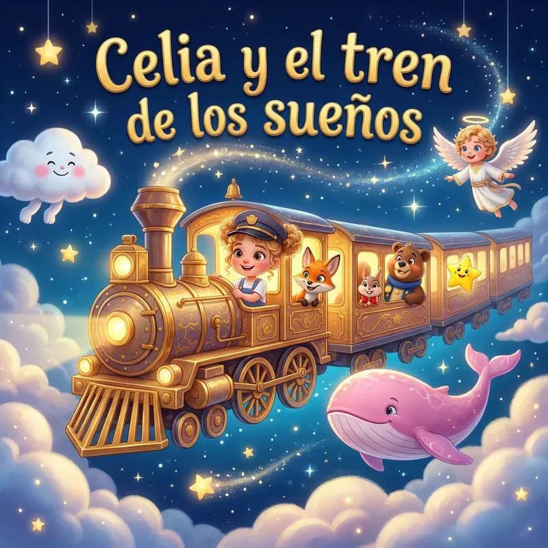 Un tren dorado atraviesa un cielo nocturno con Celia asomada a la ventanilla y un zorro conductor en la locomotora