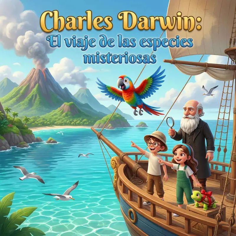Charles Darwin con una lupa en la proa del Beagle junto a dos niños, un loro y una tortuga, con las islas Galápagos al fondo