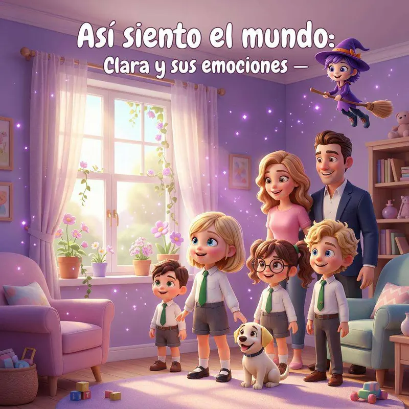 Clara y su familia en el salón de casa con Uva, una brujita de sombrero morado, volando en lo alto