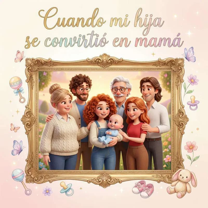 Tres generaciones de la familia reunidas en el salón alrededor de la pequeña Gloria