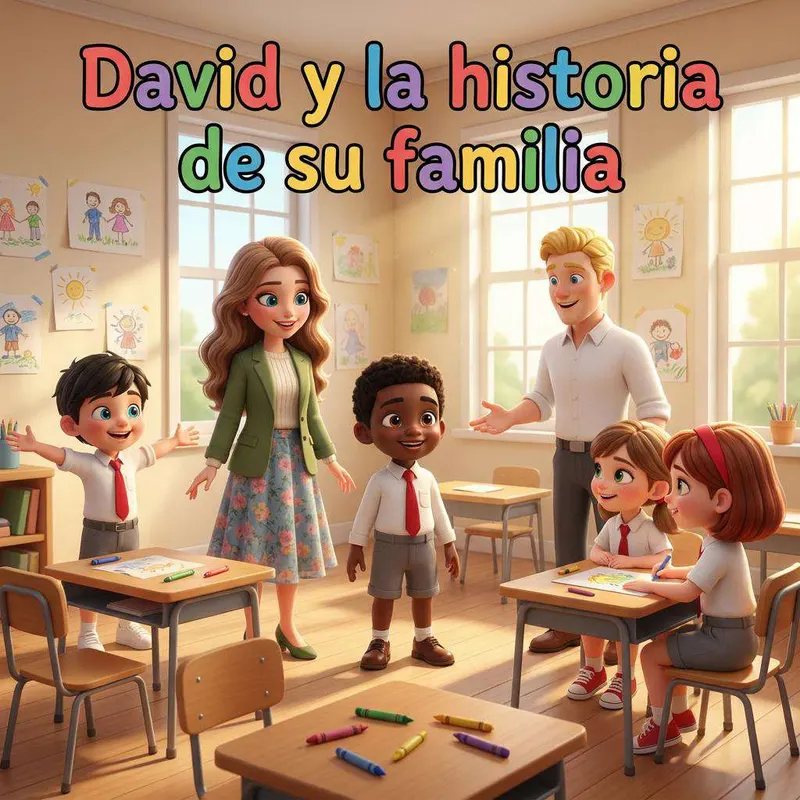 David y sus padres delante del aula, con los compañeros de clase sentados en sus mesas al fondo