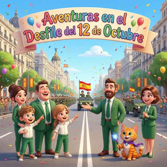Dos niños y un gato anaranjado en una avenida con banderas de España, junto a adultos de uniforme verde, mientras pasan vehículos del desfile