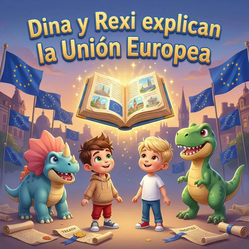 Dos hermanos entre dos dinosaurios y un libro flotante abierto, rodeados de banderas azules con estrellas doradas