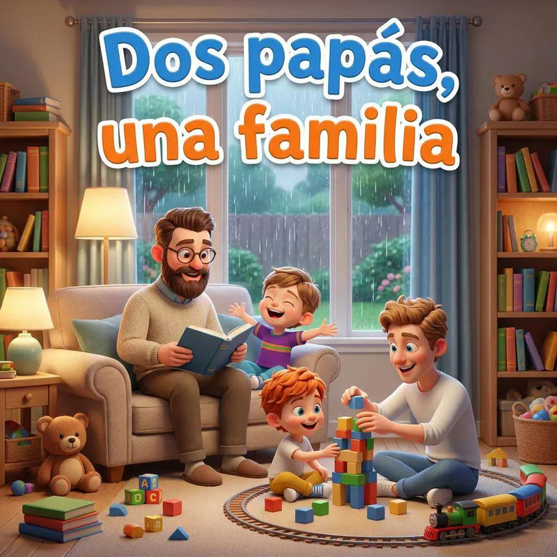 Carlos y Dani juegan en el suelo del salón con Mateo entre bloques de colores y una estantería llena de libros