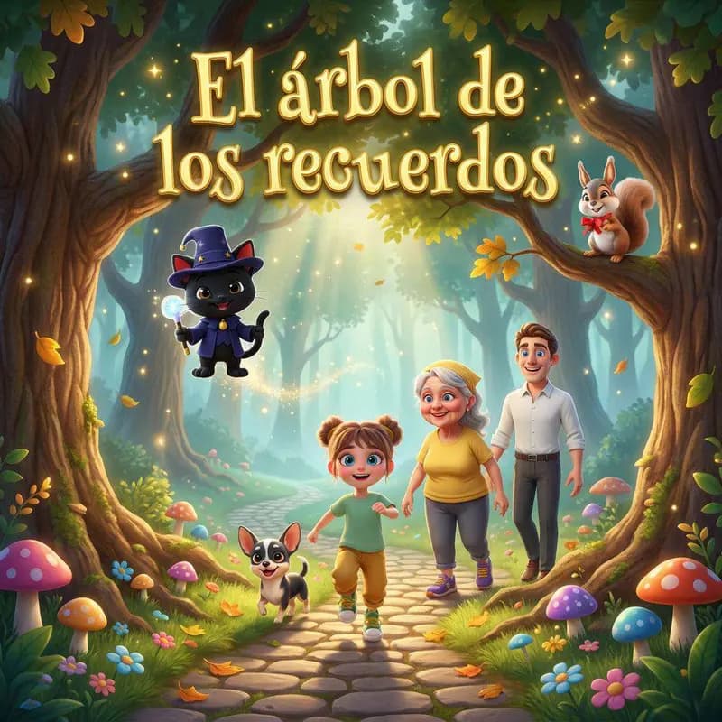Sofía y su perro Bruno junto a un gran árbol de hojas brillantes en un bosque encantado, con un gato negro y una ardilla