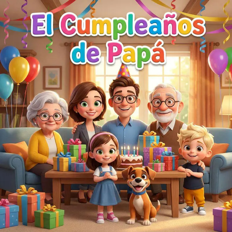 Una familia de tres generaciones posa alrededor de una mesa con una tarta de cumpleaños y regalos, con el perro a sus pies