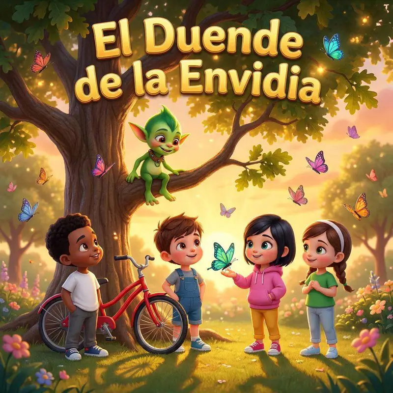 Un duende verde asomado a la rama de un árbol observa a cuatro niños y una bicicleta roja en el parque al atardecer