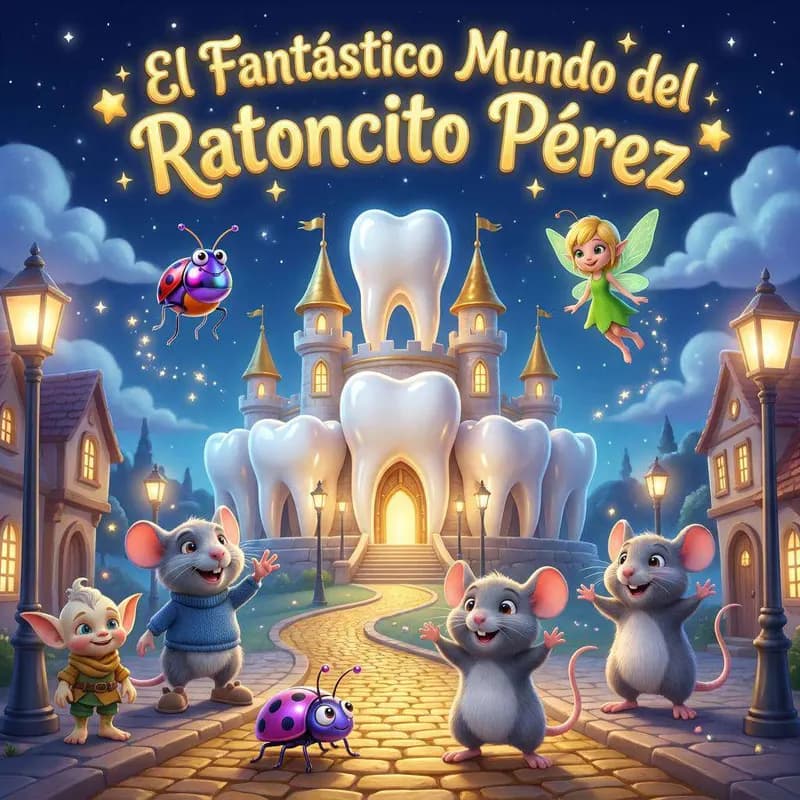 El Ratoncito Pérez y sus amigos, un goblin, dos ratones, un hada y un insecto luminoso, delante de un castillo hecho de dientes