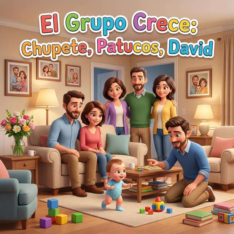 El grupo de amigos juega en el suelo del salón alrededor del pequeño David, entre juguetes de colores