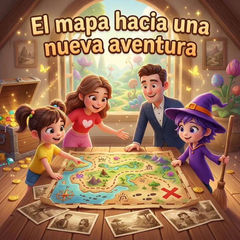 María, sus padres y Uva, la brujita morada, se inclinan sobre un mapa del tesoro con una X roja rodeado de fotografías