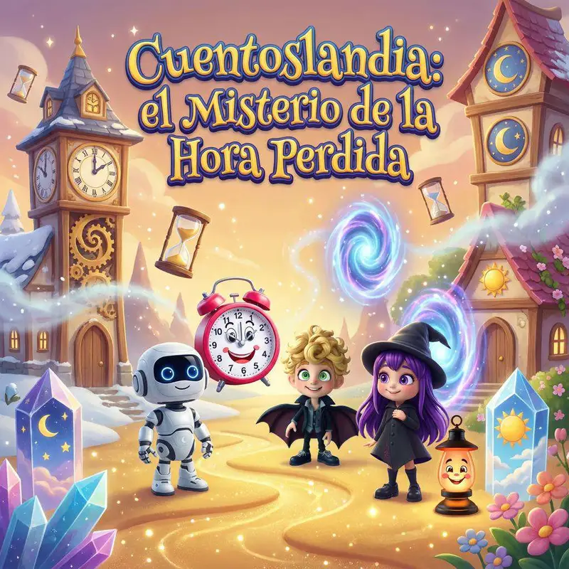 Un reloj despertador con cara, un robot, un vampiro rubio, una bruja de pelo morado y un farolillo sonriente en una plaza con torres de reloj y portales mágicos