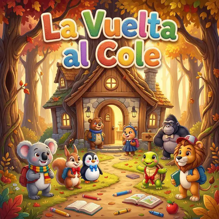 Los animales del Colegio Selvático —un koala, una ardilla, un pingüino, una tortuga, un león y el gorila Ragu— ante la casa-escuela del bosque