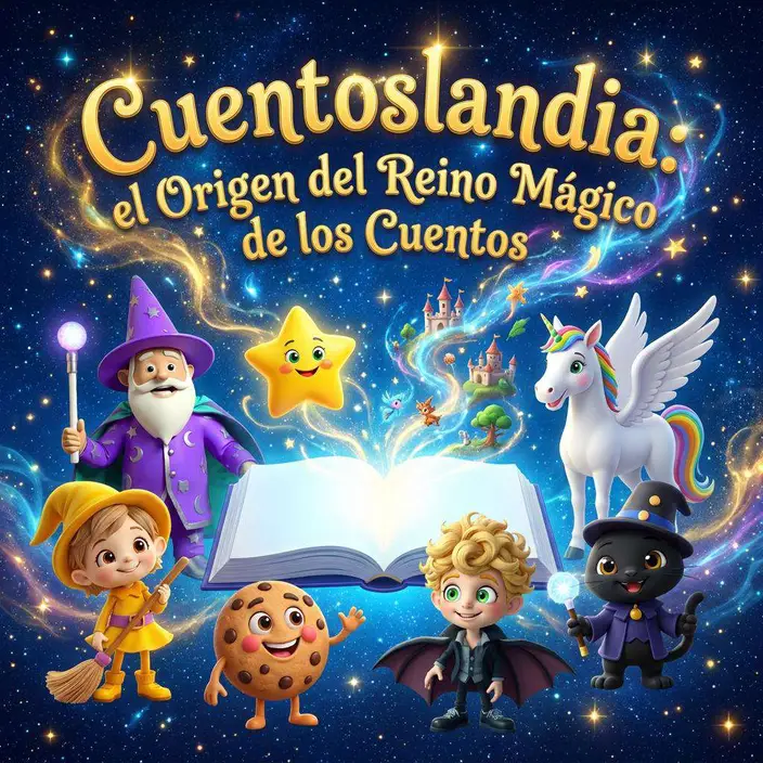 El Mago Crea Cuentos, una estrella sonriente, un unicornio alado, una brujita, una galleta, un vampiro y un gato negro alrededor de un libro abierto del que salen castillos