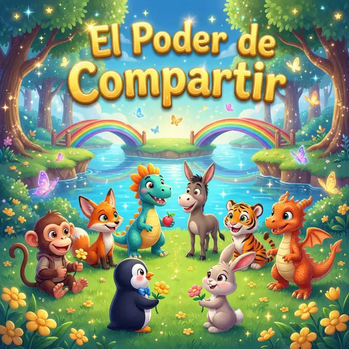 Ocho animales de colores —un mono, una zorra, un dinosaurio, un burro, un pingüino, un tigre, una coneja y un dragón— reunidos en un prado junto a un lago