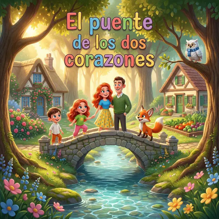 Emma cruza un puente de piedra sobre un arroyo, con una casa a cada orilla y una zorra y una búha acompañándola