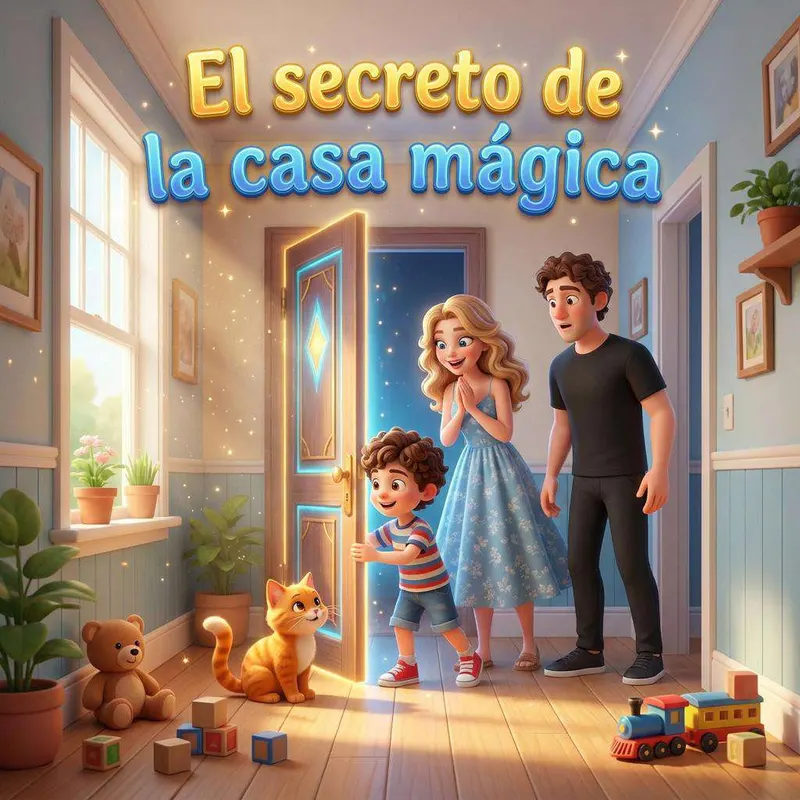 Hugo abre una puerta mágica del pasillo, con su gato Fili al lado y sus padres sonriendo detrás