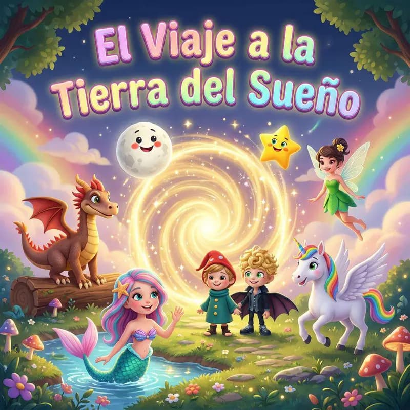 Un dragón, una sirena, un hada, un unicornio alado y dos niños rodean un remolino de luz dorada bajo una luna sonriente