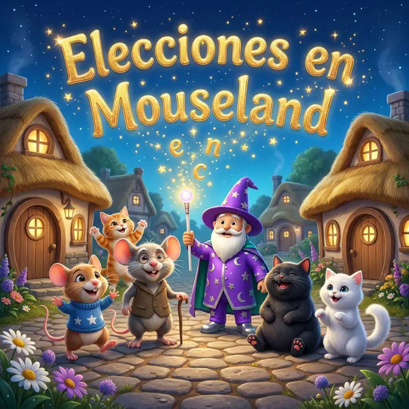 Ratones vestidos con jersey y gorra, un mago de túnica morada y tres gatos, uno negro, uno blanco y uno anaranjado, en la calle empedrada de un pueblo de casitas