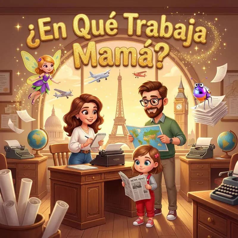 Una periodista con un mapa en las manos junto a un despacho lleno de globos terráqueos, máquinas de escribir y un hada dorada volando