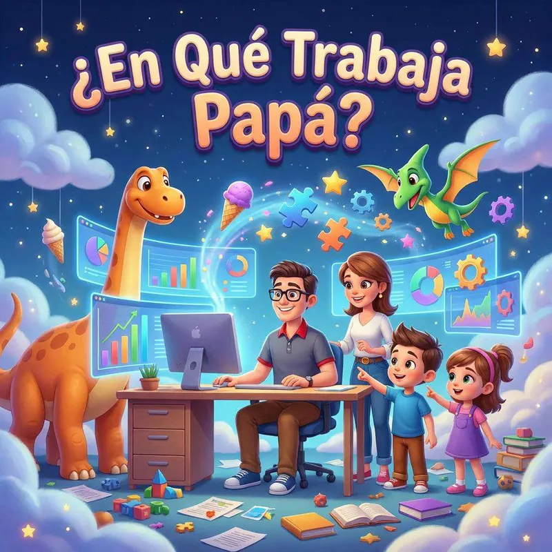 Un padre con gafas señala una pantalla llena de gráficos de colores mientras dos dinosaurios y su familia le miran desde una nube