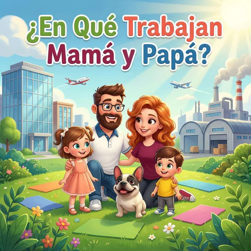 Una familia con su perro en un parque, con edificios de oficinas a un lado y una fábrica con aviones despegando al otro