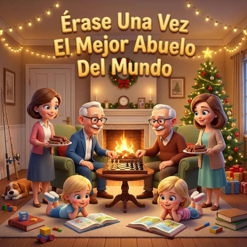 Dos abuelos juegan al ajedrez junto a la chimenea mientras dos niñas leen en la alfombra y la familia sirve churros en Navidad