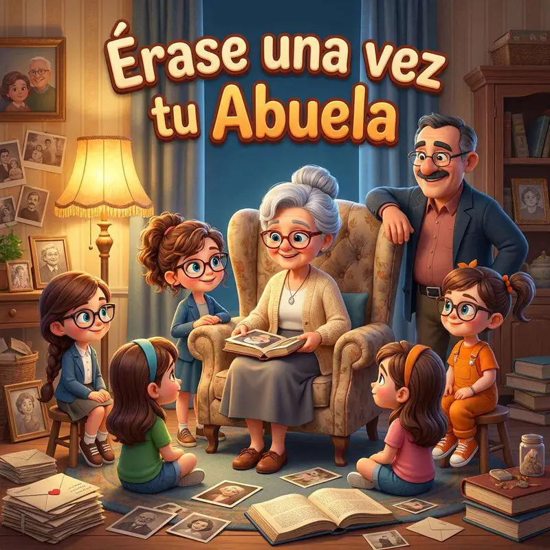 Una abuela sentada en su sillón con un álbum abierto en el regazo, rodeada de nietas que la escuchan entre fotografías antiguas y cartas