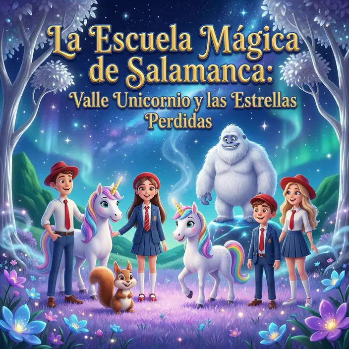 Cuatro alumnos con uniforme y boina roja, dos unicornios, una ardilla y un gigante blanco y peludo en un valle de noche con auroras